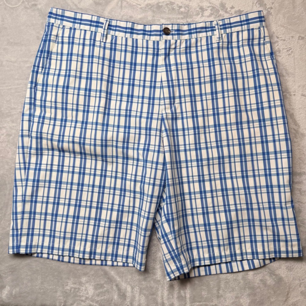 Adidas Golf Shorts Mens 40 Blue White Plaid Flat Front Preppy 11" Inseam